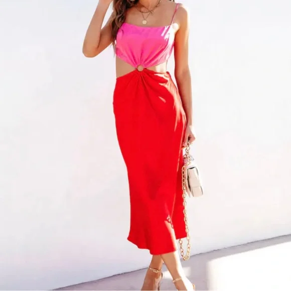 knee length dresses for ladies V NECK SATIN MIDI DRESS – Cha Cha Boutique main image 0